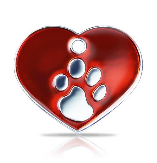 Kaiverrettu koiran nimilaatta fashion-tassu ISO sydän hopeoitu, punainen