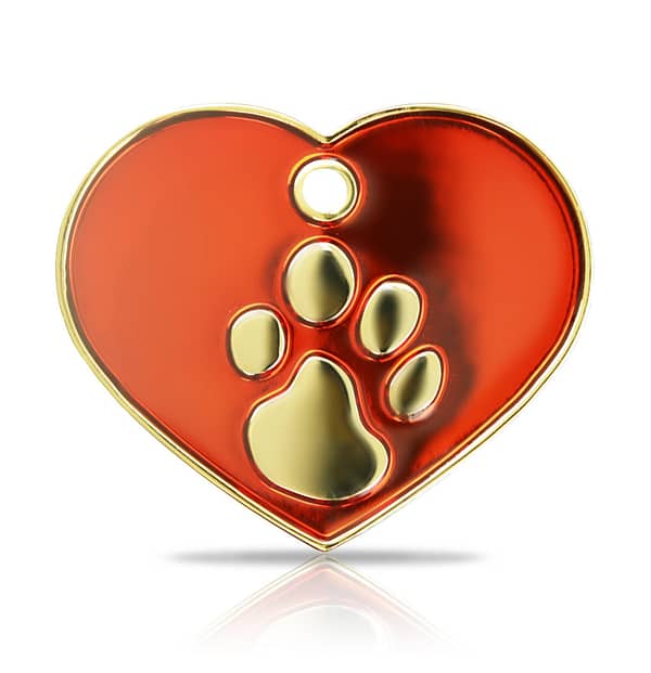 Kaiverrettu koiran nimilaatta Fashion-tassu ISO sydän kullattu, punainen