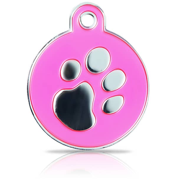 Kaiverrettu koiran nimilaatta fashion-tassu ISO ympyrä hopeoitu, pinkki