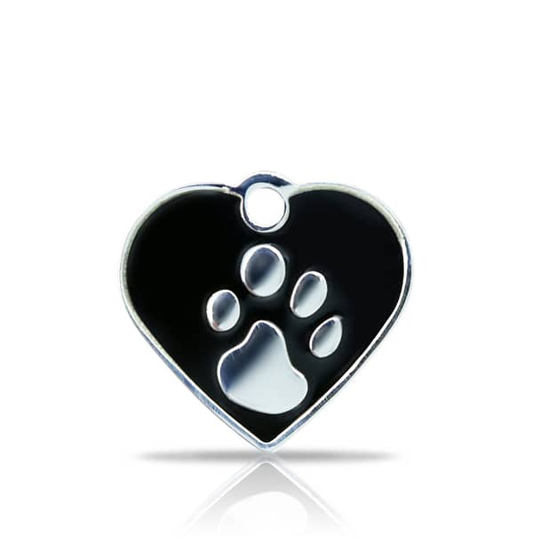 Kaiverrettu koiran nimilaatta fashion-tassu pieni sydän hopeoitu, musta