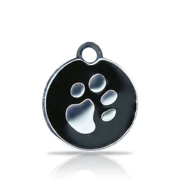 Kaiverrettu koiran nimilaatta fashion-tassu pieni ympyrä hopeoitu, musta