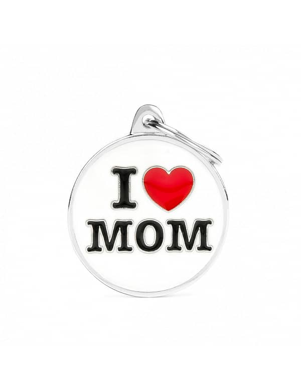 Kaiverrettu nimilaatta tai avaimenperä - CHARMS iso ympyrä "i love mom", my family