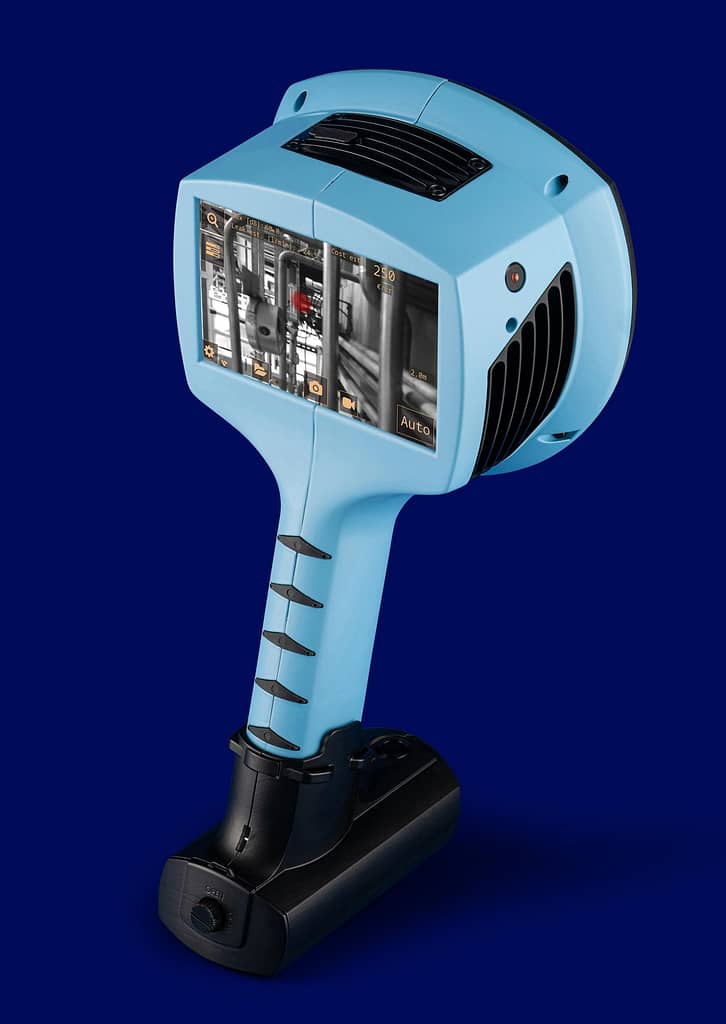 Acoustic air leak camera shown from behind with analytics on its display.