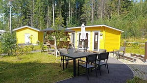 Piha-alue, jossa keltaisia puumökkejä, terassikalusteita, keinu ja katettu grillikatos metsän reunassa.