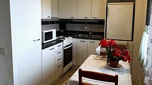 Kuva keittiöstä, jossa keittiön pöydällä on kukka.