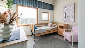 Asukkaan valoisa huone, jossa on erilaisia huonekaluja ja sisustuselementtejä.