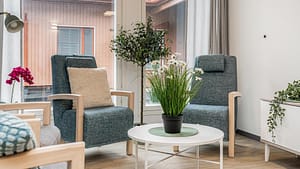 Oleskelutila, jossa nojatuoleja, pyöreä pöytä ja iso viherkasvi.