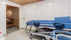 Esteetön pesutila, jossa suihkupaari ja tilaa avustamiseen.