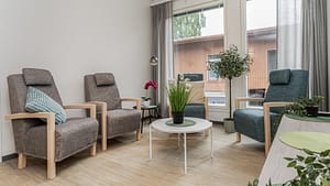 Oleskelunurkkaus, jossa nojatuolit, pyöreä pöytä ja viherkasvi.