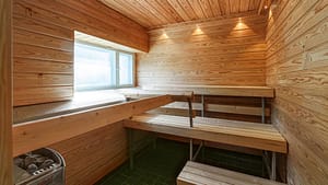 Puupaneloitu sauna, lauteet, kiuas ja ikkuna.