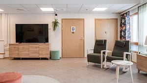 Valoisa kalustettu olohuone.