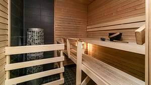 Puupaneloitu sauna lauteineen.