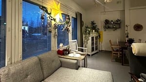 Huonekaluja jouluisessa huoneessa.