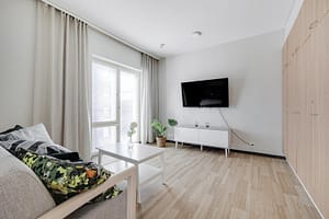 Valoisa huone televisiolla, viherkasvilla ja säilytyskalusteilla.