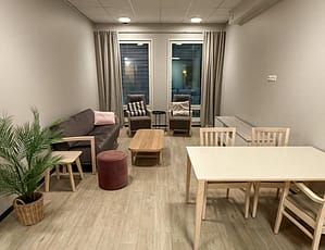 Valoisa oleskelutila, jossa ruskea sohva, kaksi nojatuolia, puinen sohvapöytä ja ruokapöytä neljälle.