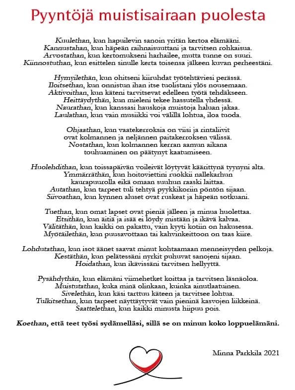 Pyyntöjä muistisairaan puolesta.