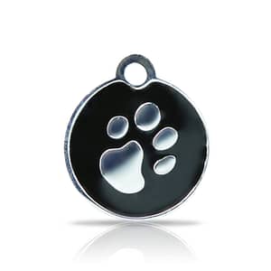 Kaiverrettu koiran nimilaatta fashion-tassu pieni ympyrä hopeoitu, musta