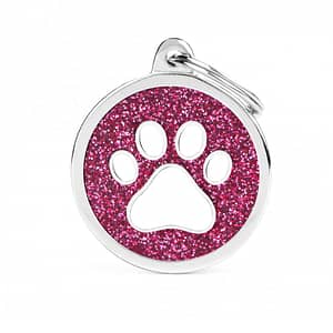 Kaiverrettu koiran nimilaatta - GLITTER ISO ympyrä tassu kuviolla, pinkki