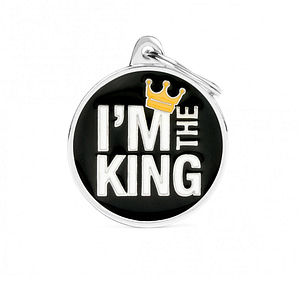 Kaiverrettu nimilaatta tai avaimenperä - CHARMS iso ympyrä "i am the king", my family