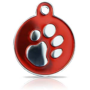Kaiverrettu koiran nimilaatta fashion-tassu ISO ympyrä hopeoitu, punainen