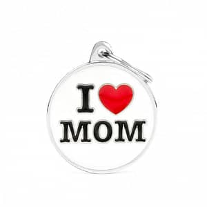 Kaiverrettu nimilaatta tai avaimenperä - CHARMS iso ympyrä "i love mom", my family