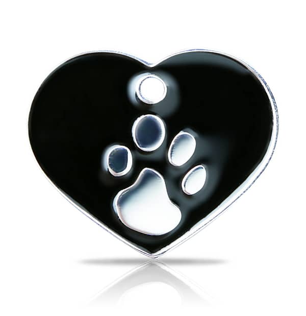 Kaiverrettu koiran nimilaatta fashion-tassu ISO sydän hopeoitu, musta