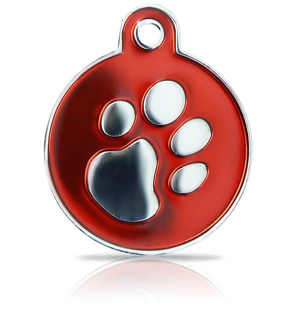 Kaiverrettu koiran nimilaatta fashion-tassu ISO ympyrä hopeoitu, punainen