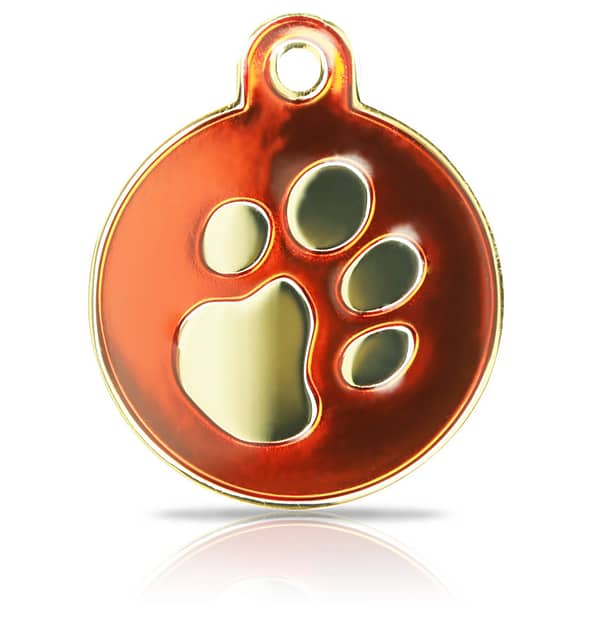 Kaiverrettu koiran nimilaatta Fashion-tassu ISO ympyrä kullattu, punainen