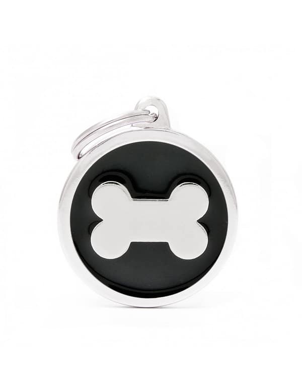 Kaiverrettu koiran nimilaatta - CLASSIC ISO ympyrä luu kuviolla, musta