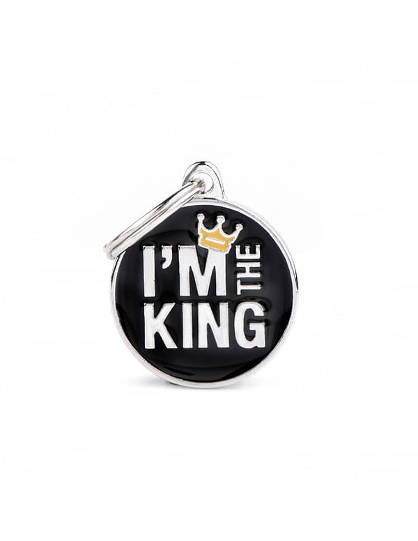 Kaiverrettu nimilaatta tai avaimenperä - CHARMS keskikoinen ympyrä "i am the king", my family