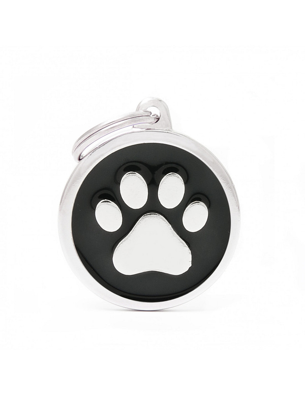 Kaiverrettu koiran nimilaatta - CLASSIC ISO ympyrä tassu kuviolla, musta