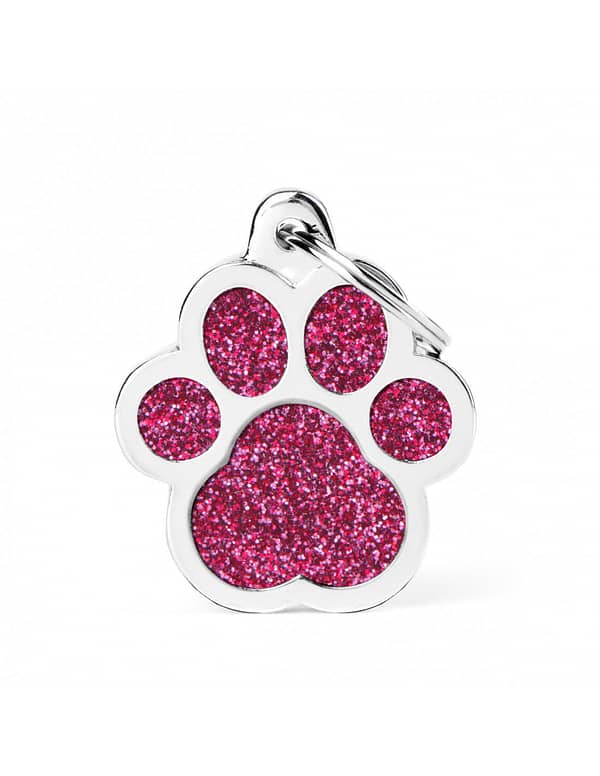 Kaiverrettu koiran nimilaatta - GLITTER ISO tassu, pinkki