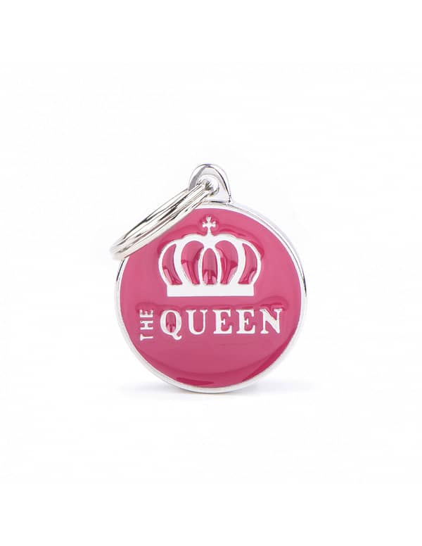 Kaiverrettu nimilaatta tai avaimenperä - CHARMS keskikoinen ympyrä "the queen", my family