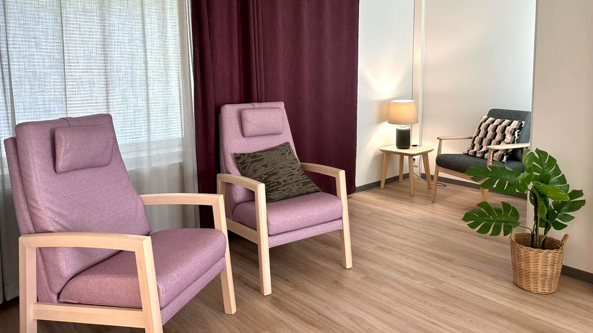 Oleskelutila, jossa on nojatuoleja ja viherkasvi