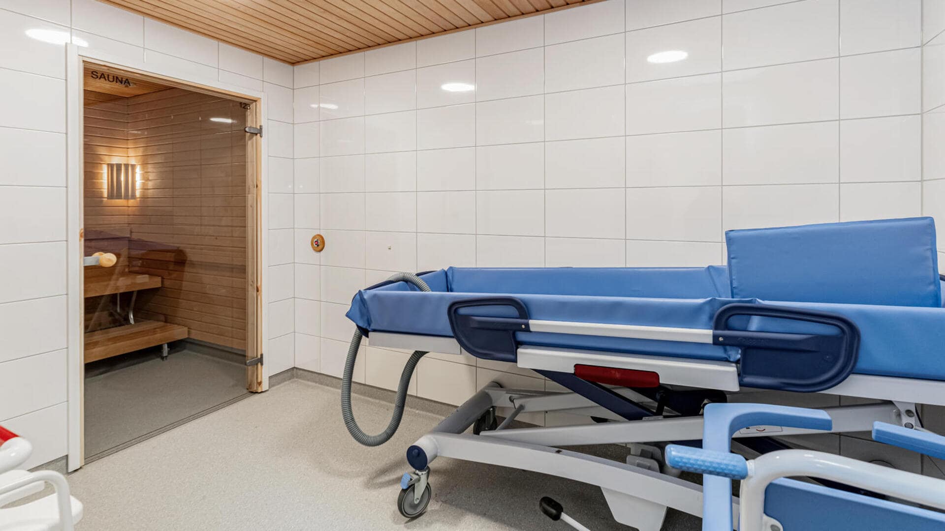 Esteetön pesutila, jossa suihkupaari ja tilaa avustamiseen.