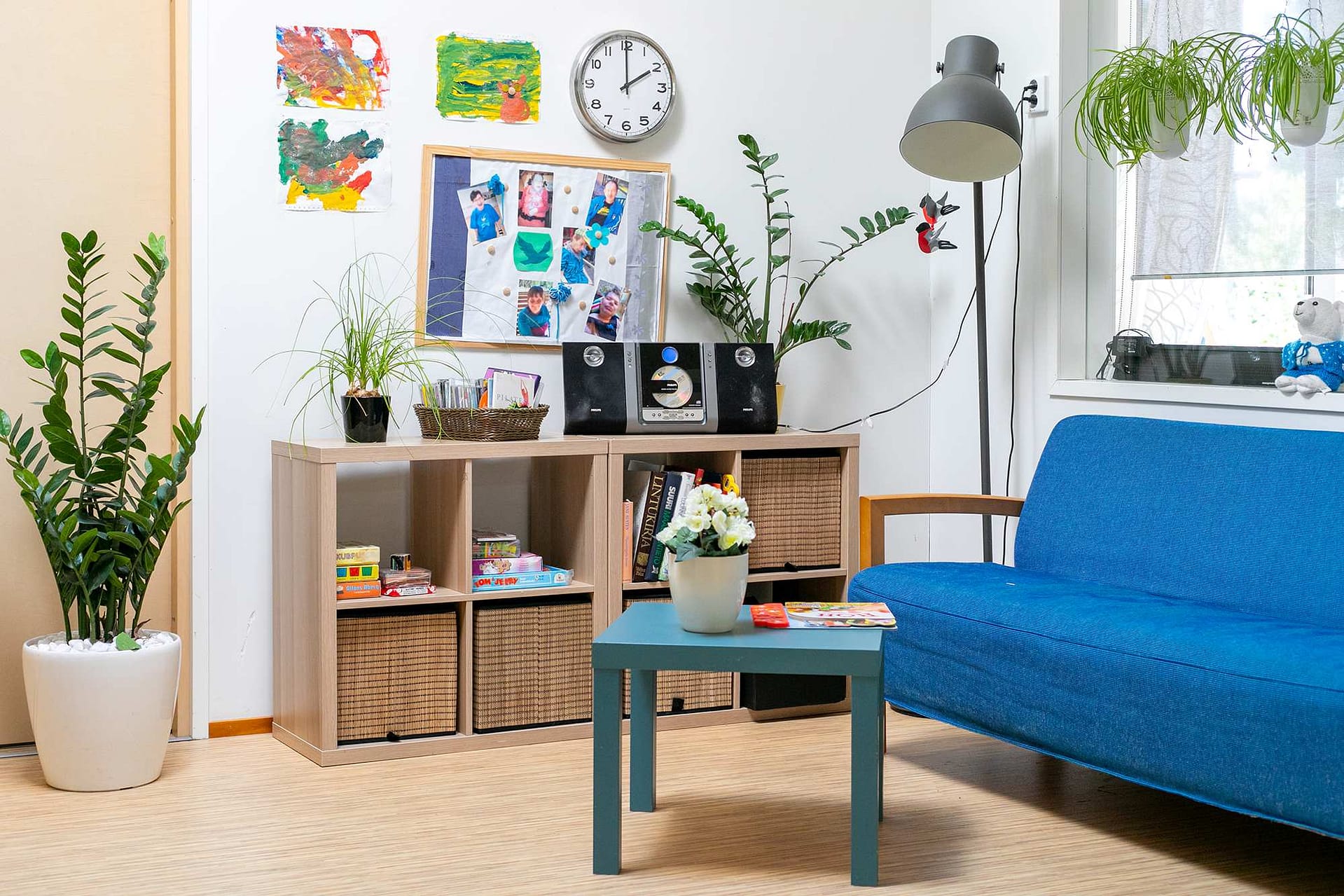 Valoisa oleskelutila, jossa on sohva ja viherkasveja sekä hyllykkö