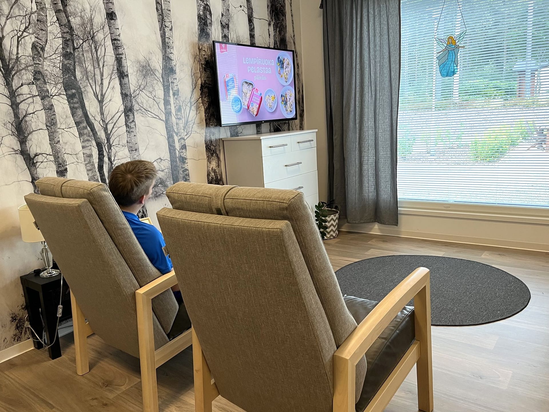 Oleskelutila, jossa on nojatuoleja ja televisio