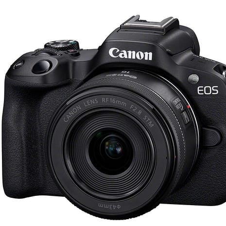 Canon EOS R50 Black FrontSlantLeftRF16mmF2.8STM