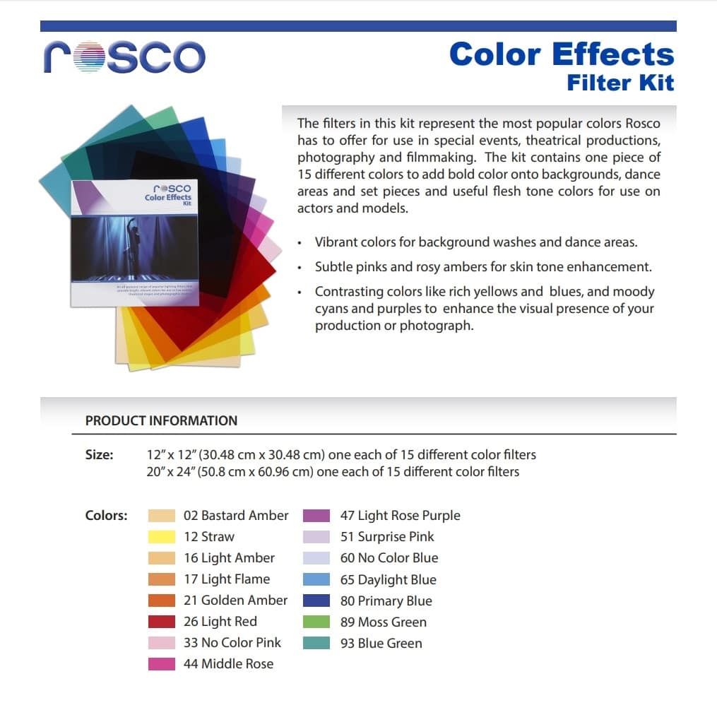 ROSCO Color Filters, 15 filterin setti Studiovarustamo