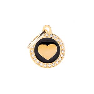 koiran nimilaatta glam swarovski kullattu pieni ympyrä sydän kuviolla musta nimilaatat.com