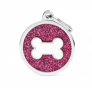 Kaiverrettu koiran nimilaatta - GLITTER ISO ympyrä luu kuviolla, pinkki