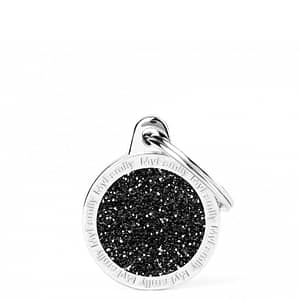Kaiverrettu koiran nimilaatta - GLITTER pieni ympyrä, musta