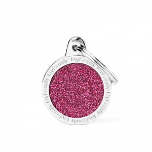 Kaiverrettu koiran nimilaatta - GLITTER pieni ympyrä, pinkki