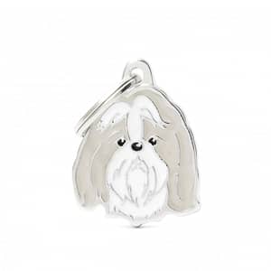Nimilaatta kaiverruksella - koirarotu-nimilaatta shihtzu harmaavalkoinen