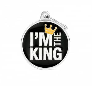 Kaiverrettu nimilaatta tai avaimenperä - CHARMS iso ympyrä "i am the king", my family