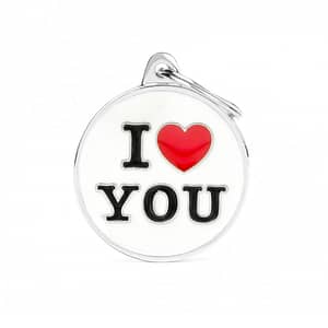 Kaiverrettu nimilaatta tai avaimenperä - CHARMS iso ympyrä "i love you", my family