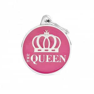 Kaiverrettu nimilaatta tai avaimenperä - CHARMS iso ympyrä "the queen", my family