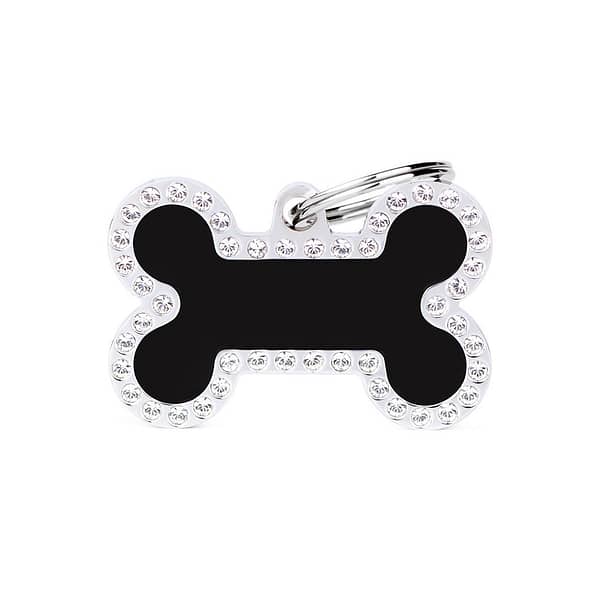 koiran nimilaatta glam swarovski hopeoitu iso luu musta nimilaatat.com