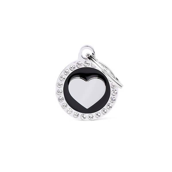 koiran nimilaatta glam swarovski hopeoitu pieni ympyrä sydän kuviolla musta nimilaatat.com
