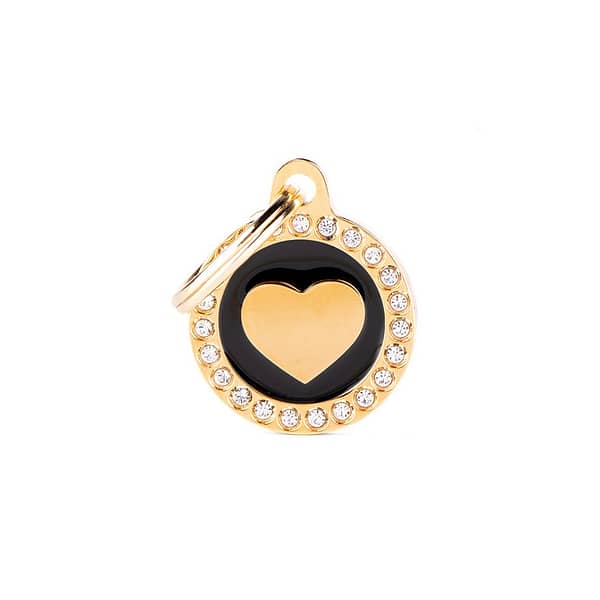 koiran nimilaatta glam swarovski kullattu pieni ympyrä sydän kuviolla musta nimilaatat.com